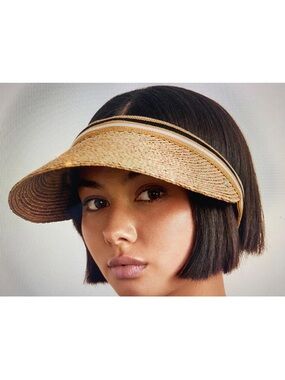 EUC  HELEN KAMINSKI BIANCA RAFFIA VISOR HAT   NOUGAT/BLACK  STRIPE